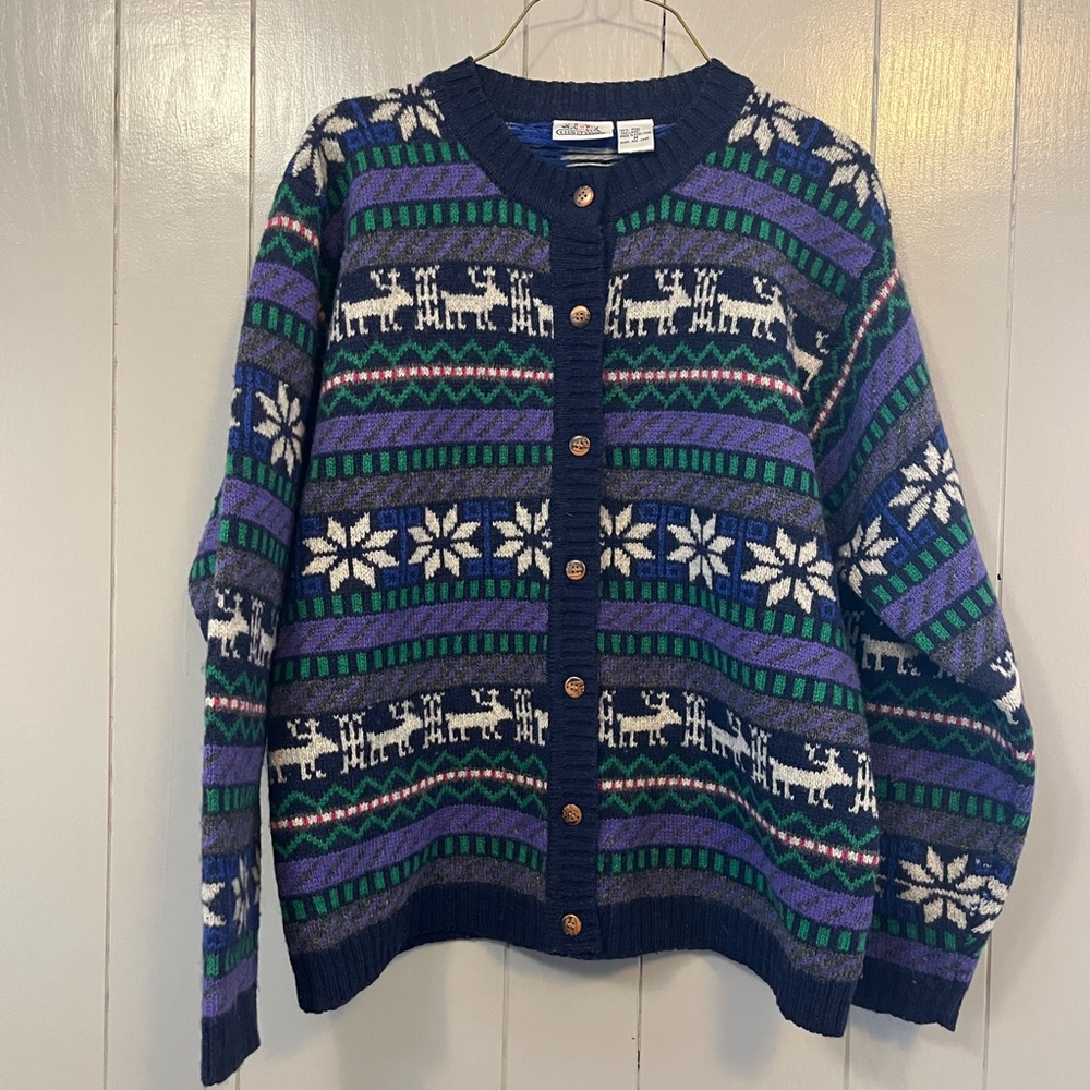 Vtg Club Classics Women's 100% Wool Fair Isle Cardigan Sweater Green Purple M